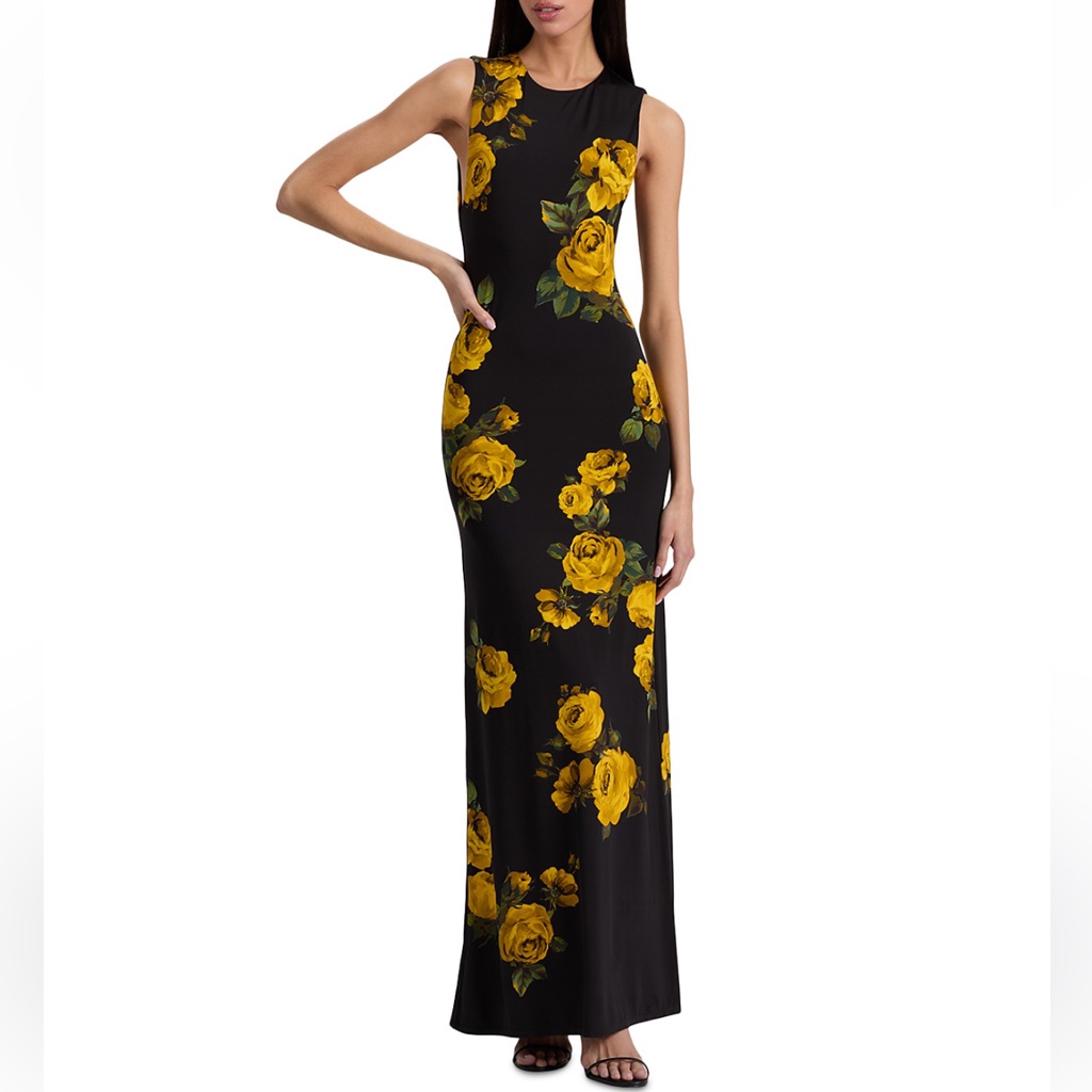 Alice + Olivia New Black And Yellow Floral Delora Open Back Maxi Dress Size 6